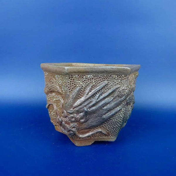 盆栽鉢 昇仙 小鉢 長辺 約9cm 六角鉢 浮彫 龍 観賞用  新品 r1198403747