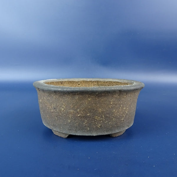 中古 盆栽鉢 万古焼 萬古 春山 小鉢 長辺 約 9.5cm 楕円鉢 外縁 梨皮 泥鉢  中古鉢 m1198412356