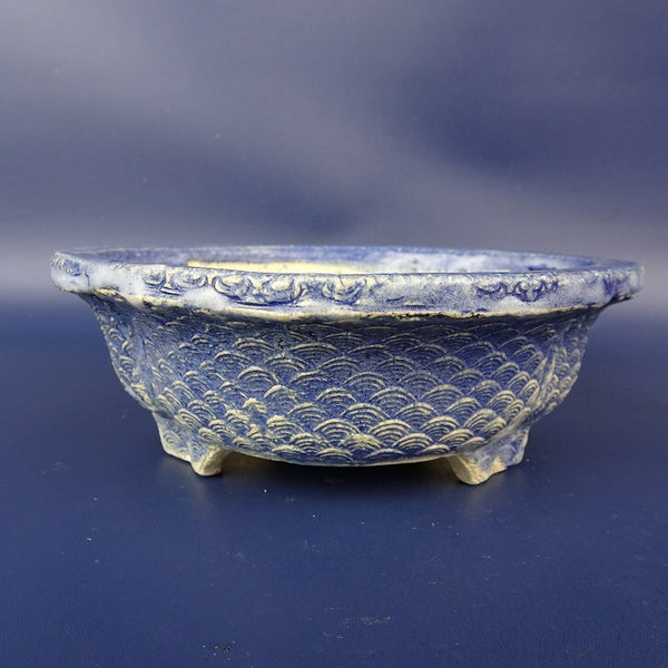 中古 盆栽鉢 忠寛 小型 長辺 約14.8cm 木瓜鉢 外縁 波文 釉薬  中古鉢 m1198410720