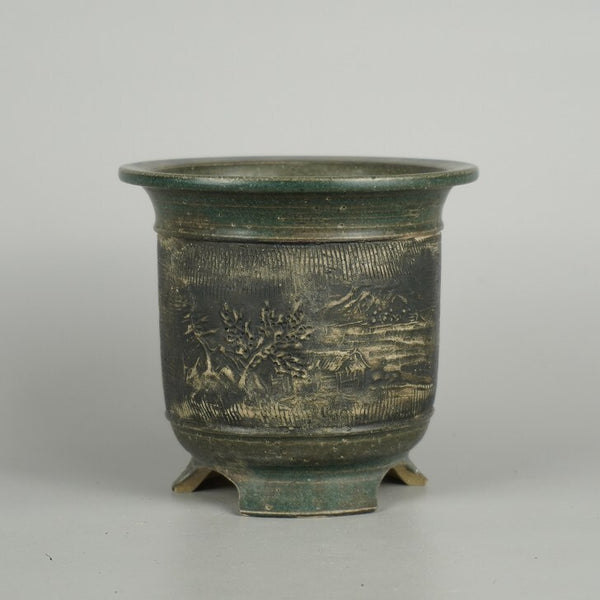 中古 鉢 植木鉢 陶翠 小型 高さ 約 11cm 丸鉢 外縁 浮彫 山水図 舟 人物 観賞用  中古鉢 g1198416139