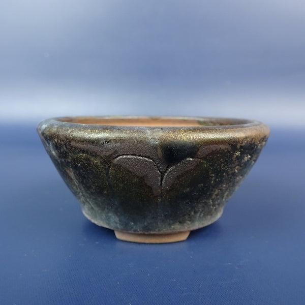 中古 盆栽鉢 青風 小鉢 長辺 約7.1cm 丸鉢 釘彫 釉薬  中古鉢 x1198410336