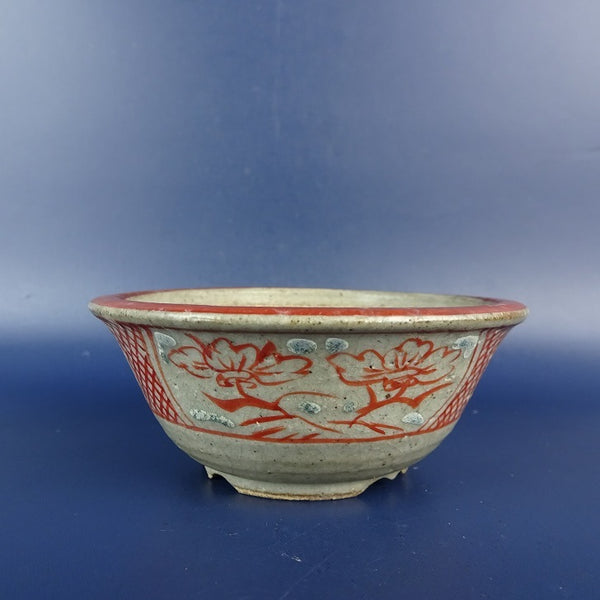中古盆栽鉢 竹峯 小鉢 長辺 約 8.8cm 丸鉢 外縁 赤絵 花 模様 観賞用  中古鉢 n1198412614