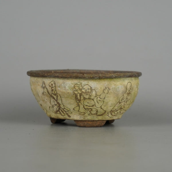 中古 盆栽鉢 遊見 小型 長辺 約 11cm 丸鉢 彫入 七福神 観賞用  中古鉢 p1198419715