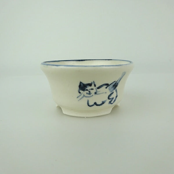 盆栽鉢 ゆうき祥石 小鉢 長辺 約 6.5cm 丸鉢 絵鉢 猫 ネコ ねこ 落款なし 足跡 肉球 釉薬 観賞用  新品 1199237937
