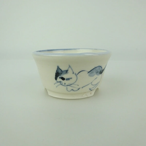 盆栽鉢 ゆうき祥石 小鉢 長辺 約 6.3cm 丸鉢 絵鉢 猫 ネコ ねこ 釉薬 観賞用  新品 k1199247414