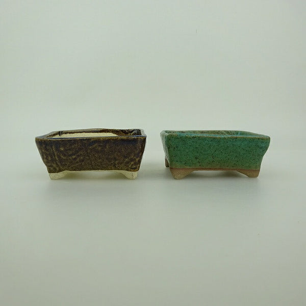 盆栽鉢 ゆうき祥石 2点セット 小鉢 長辺 約8.1cm 長方鉢 茶 緑 釉薬  新品 x1199250955