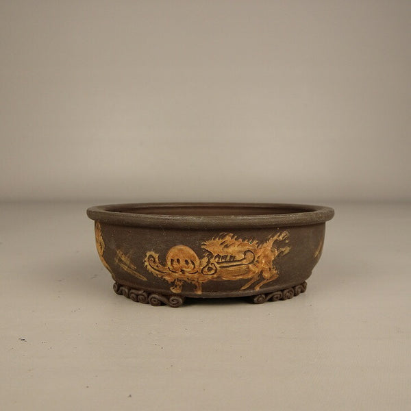 中古盆栽鉢 泥珠 小鉢 長辺 約 8.7cm 楕円鉢 外縁 雲足 泥鉢 観賞用  中古鉢 k1199277171