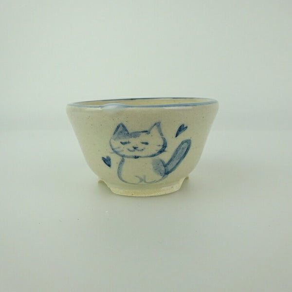 中古 盆栽鉢 ゆうき祥石 小鉢 長辺 約 6cm 丸鉢 落款なし 絵鉢 猫 ネコ ねこ 釉薬 観賞用  中古 h1199287895