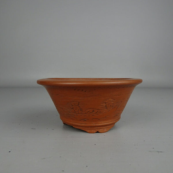 中古盆栽鉢 庄八 小型 長辺 約 10.7cm 丸鉢 下帯 彫入 風景 泥物  中古鉢 n1199272994