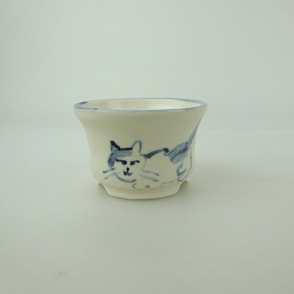 盆栽鉢 ゆうき祥石 小鉢 長辺 約 6cm 丸鉢 絵鉢 猫 ネコ ねこ 釉薬 鑑賞用 観賞用  新品 f1200288572