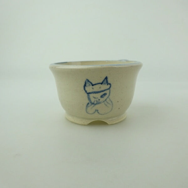 盆栽鉢 ゆうき祥石 小鉢 長辺 約 6.2cm 丸鉢 落款なし 絵鉢 猫 ネコ ねこ 釉薬 鑑賞用 観賞用  新品 h1200303074
