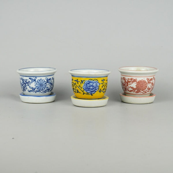 盆栽鉢 絵鉢 3点セット 小鉢 長辺 約7cm 丸鉢 花 赤 青 黄 受皿 落款なし 3鉢セット 数量物 新品 l1200308778