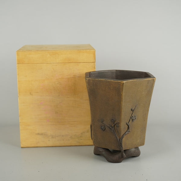 中古 盆栽鉢 落款なし 小型 高さ 約 15.5cm 六角鉢 花付 はな ハナ 中国鉢 箱付 鑑賞 観賞用  中古鉢 j1200647581