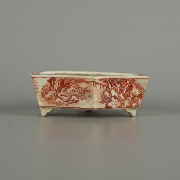 中古盆栽鉢 彦山人 小鉢 長辺 約 9.8cm 六角鉢 雲足 赤絵 山水図 鑑賞 観賞用  中古鉢 q1200642647