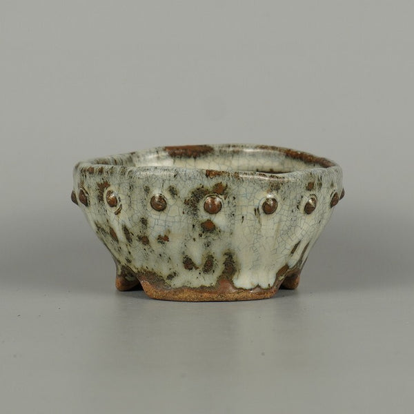 盆栽鉢 文山 越前文山 小鉢 長辺 約 9.3cm 鯖江園芸 丸鉢 鋲打 釉薬 鑑賞 観賞用 k1200635392