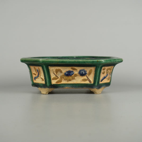 中古盆栽鉢 落款なし 中型 長辺 約 20.8cm 長方鉢 外縁 隅切 花付 植物 広東鉢 鑑賞 観賞用  中古鉢 k1200636892