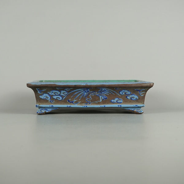 中古盆栽鉢 落款なし 中型 長辺 約 21.7cm 長方鉢 外縁 雲足 下帯 青絵 植物 模様 鑑賞 観賞用  中古鉢 n1200638533