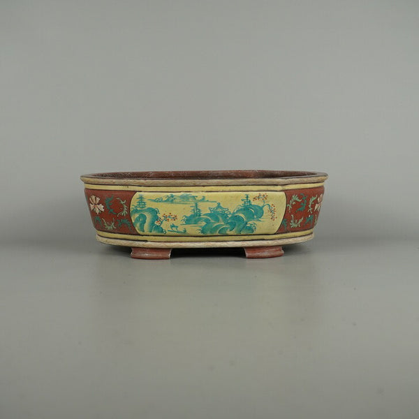 中古盆栽鉢 中国宜興 他 中型 長辺 約 26.3cm 楕円鉢 色絵 花 山水図 鑑賞 観賞用  中古鉢 1200631780