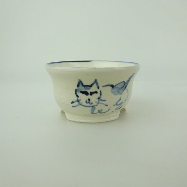 盆栽鉢 ゆうき祥石 小鉢 長辺 約 6.5cm 丸鉢 絵鉢 猫 ネコ ねこ 釉薬 鑑賞用 観賞用  新品 1200640529