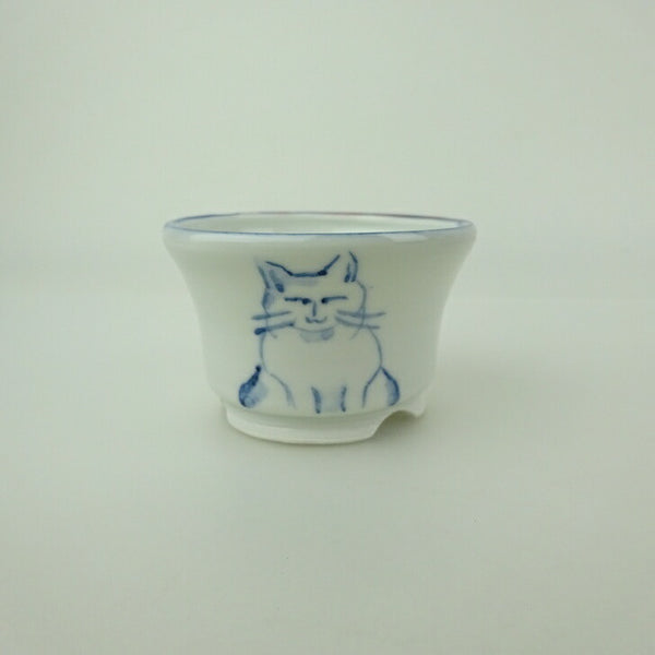 盆栽鉢 ゆうき祥石 小鉢 長辺 約 6.6cm 丸鉢 絵鉢 猫 ネコ ねこ 釉薬 鑑賞用 観賞用  新品 q1200654864
