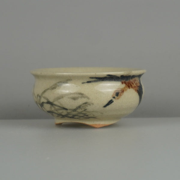 盆栽鉢 是好 矩 小鉢 長辺 約 6.5cm 丸鉢 色絵 鳥 とり トリ 植物 鑑賞 観賞用  新品 b1200654091