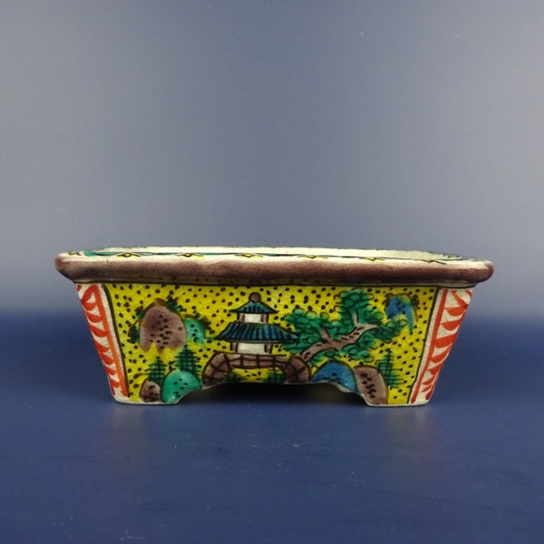 盆栽鉢 文山 越前文山 ボデー 九谷画 九谷 秀幸 外縁 長方鉢 色絵 山水図 観賞用  新品 e1201028755