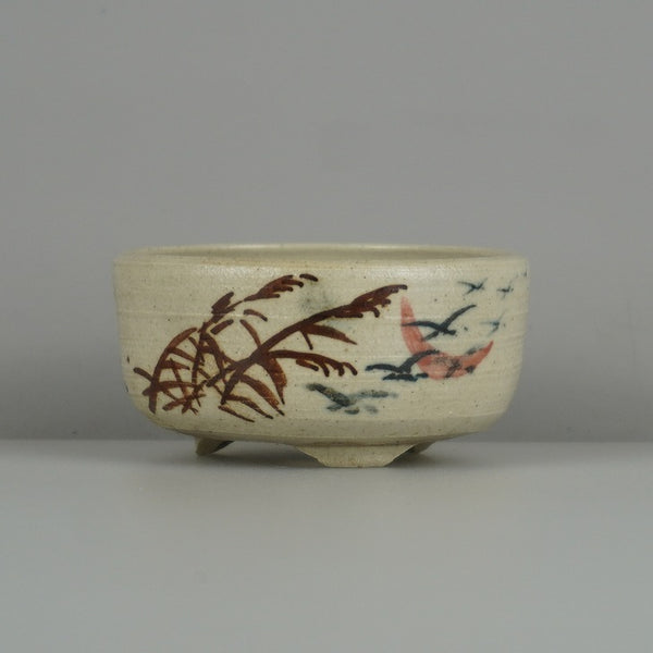 中古盆栽鉢 是好 矩 小鉢 長辺 約 7.3cm 丸鉢 色絵 鳥 とり トリ ススキ 渡り鳥 植物 鑑賞 観賞用  中古鉢 o1201503308