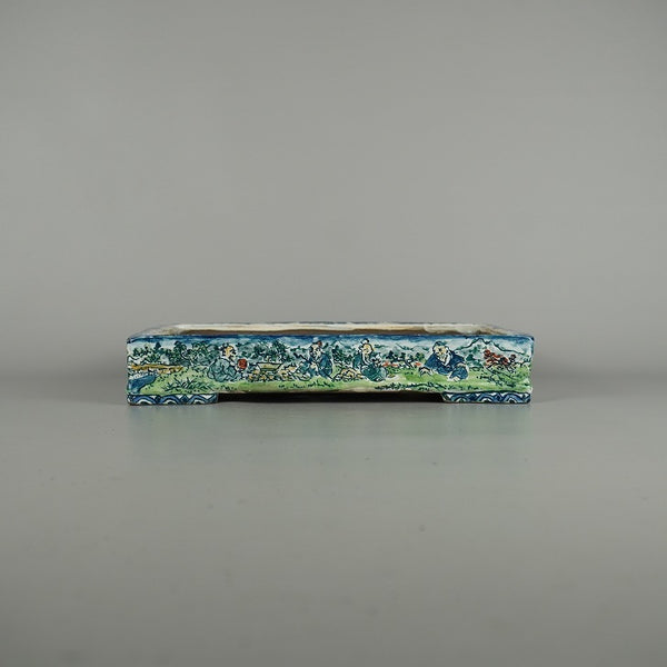 中古盆栽鉢 陶翠画 陶翠園造 中型 長辺 約 27.8cm 長方鉢 色絵 雪景 山水図 鑑賞 観賞用  中古鉢 c1201965742