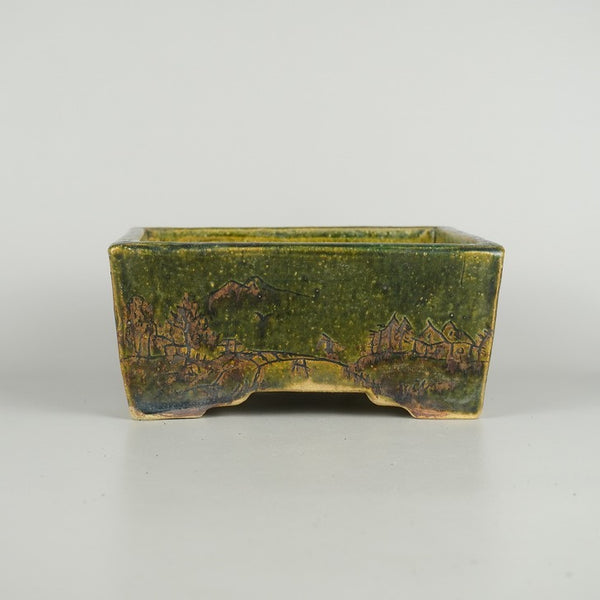 中古 盆栽鉢 禎山 小型 長辺 約 20.5cm 長方鉢 彫入 山水図 釉薬 鑑賞 観賞用  中古鉢 s1201991247