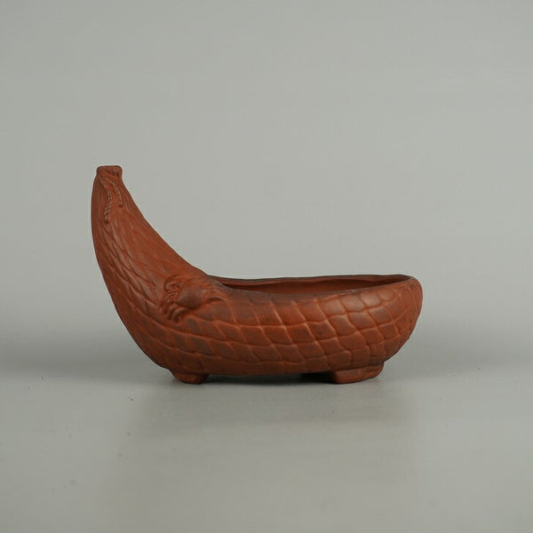 中古盆栽鉢 美芸 小型 長辺 約 17m 変形鉢 彫入 蟹付 かに カニ 鑑賞 観賞用  中古鉢 o1202004143