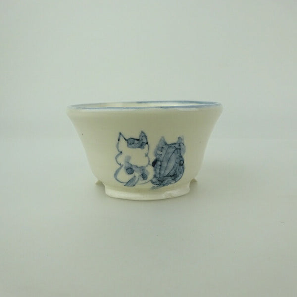 中古 盆栽鉢 ゆうき祥石 小鉢 長辺 約 6.8cm 丸鉢 絵鉢 猫 ネコ ねこ 釉薬 観賞用  中古 o1202263909