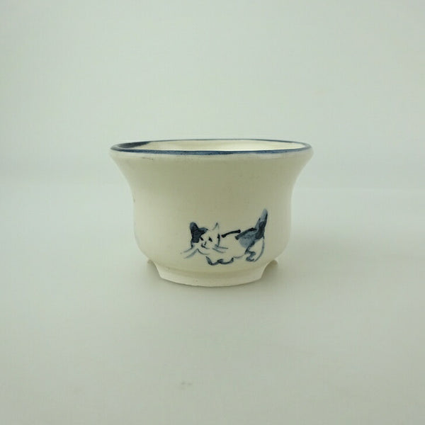 盆栽鉢 ゆうき祥石 小鉢 長辺 約 6.8cm 丸鉢 絵鉢 猫 ネコ ねこ 釉薬 鑑賞用 観賞用  新品 f1202253452