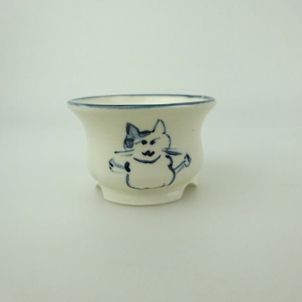 盆栽鉢 ゆうき祥石 小鉢 長辺 約 6.8cm 丸鉢 絵鉢 猫 ネコ ねこ 釉薬 鑑賞用 観賞用  新品 g1202260916