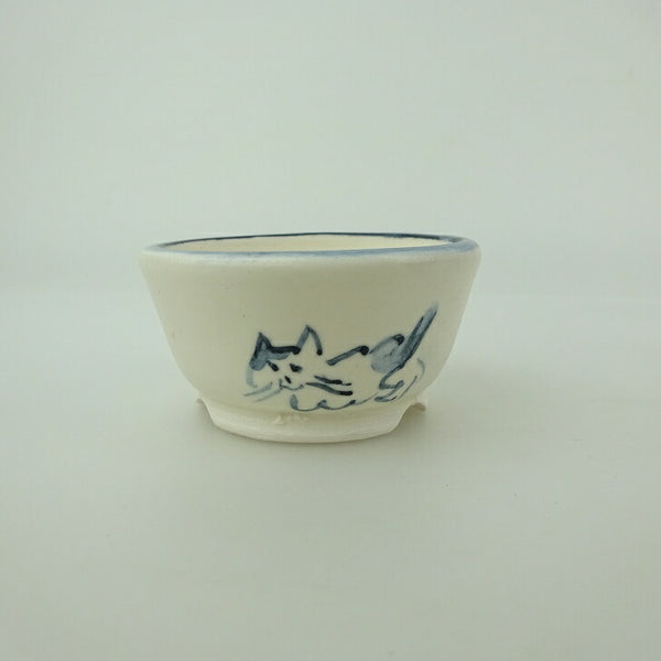 盆栽鉢 ゆうき祥石 小鉢 長辺 約 6cm 丸鉢 絵鉢 猫 ネコ ねこ 釉薬 鑑賞用 観賞用  新品 f1202244234