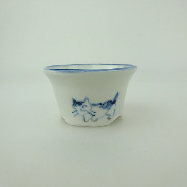 盆栽鉢 ゆうき祥石 小鉢 長辺 約 5.3cm 丸鉢 絵鉢 猫 ネコ ねこ 釉薬 鑑賞用 観賞用  新品 b1202251185