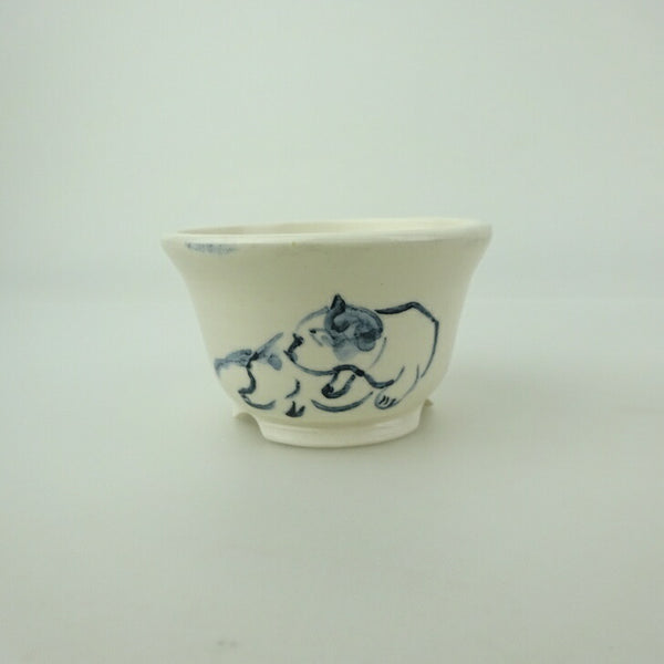 盆栽鉢 ゆうき祥石 小鉢 長辺 約 6.8cm 丸鉢 絵鉢 猫 ネコ ねこ 釉薬 鑑賞用 観賞用  新品 l1202251770