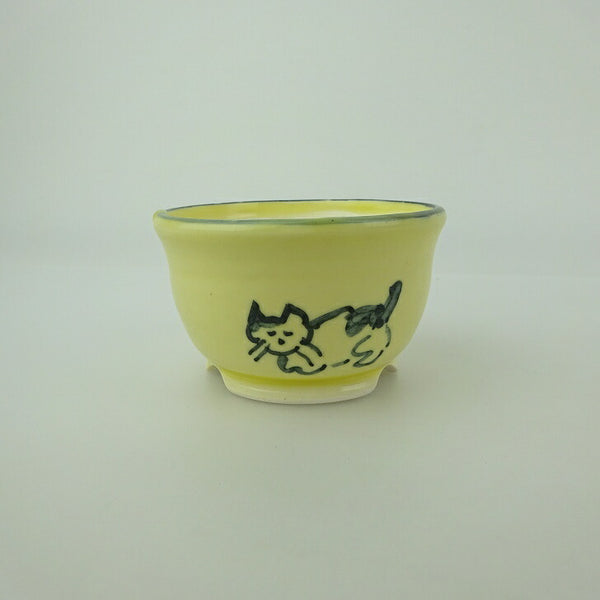 盆栽鉢 ゆうき祥石 小鉢 長辺 約 6.5cm 丸鉢 絵鉢 猫 ネコ ねこ 釉薬 鑑賞用 観賞用  新品 v1202278217