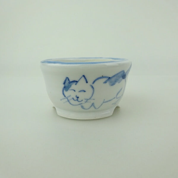 盆栽鉢 ゆうき祥石 小鉢 長辺 約 5.9cm 丸鉢 絵鉢 猫 ネコ ねこ 釉薬 鑑賞用 観賞用  新品 p1202247594