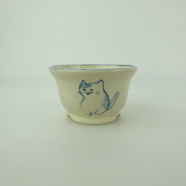 盆栽鉢 ゆうき祥石 小鉢 長辺 約 7.2cm 丸鉢 絵鉢 猫 ネコ ねこ 釉薬 鑑賞用 観賞用  新品 r1202244163