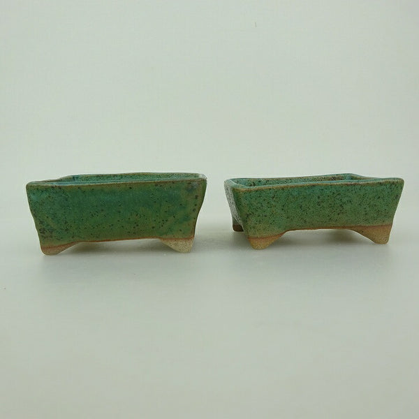 盆栽鉢 ゆうき祥石 2点セット 小鉢 長辺 約8cm 長方鉢 緑 釉薬  新品 u1202711467
