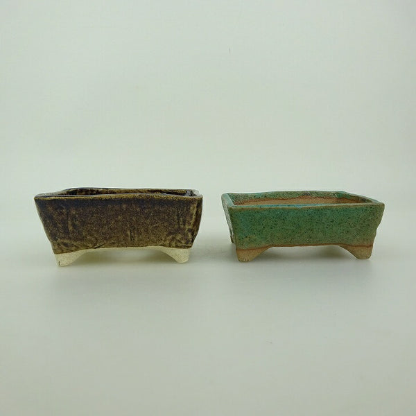 盆栽鉢 ゆうき祥石 2点セット 小鉢 長辺 約8.5cm 長方鉢 茶 緑 釉薬  新品 l1202697859