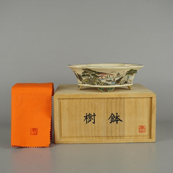 盆栽鉢 高山 小型 長辺 約 18cm 木瓜鉢 色絵 山水図 模様 共箱 共布 鑑賞 観賞用  新品 g1203142804
