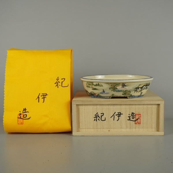 盆栽鉢 紀伊造 小型 長辺 約 15.8cm 楕円鉢 色絵 人物 山水図 模様 共箱 共布 鑑賞 観賞用  新品 r1203122209