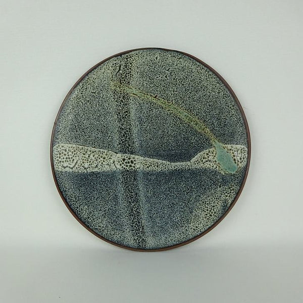 中古 陶板 花台 小石原 長辺 約23cm 丸型 飾台 置物台 花飾 釉薬 陶製 盆栽台  中古 l1203125745