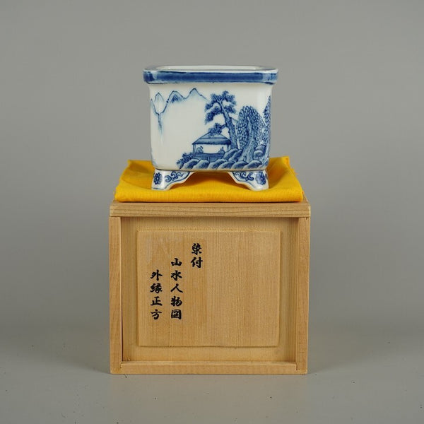 盆栽鉢 は二わ オリジナル鉢 小鉢 長辺 約 9cm 正方鉢 青絵 人物 山水図 花 模様 箱付 布付 鑑賞 観賞用  新品 u1203146462