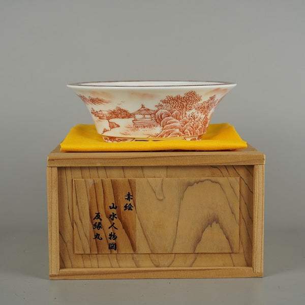 盆栽鉢 は二わ オリジナル鉢 小型 長辺 約 15.7cm 丸鉢 赤絵 山水図 花 模様 箱 布付 鑑賞 観賞用  新品 h1203147457