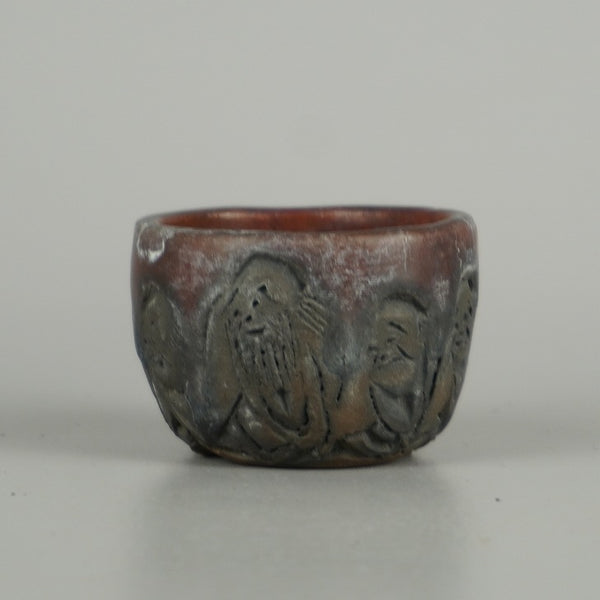 中古盆栽鉢 石舟 小鉢 長辺 約 5.5cm 丸鉢 彫入 老人 人物図 釉薬 鑑賞 観賞用  中古鉢 q1203134011