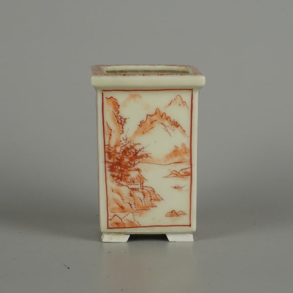 中古盆栽鉢 佑泉作 小鉢 高さ 約 7cm 正方鉢 赤絵 山水図 模様 鑑賞 観賞用  中古鉢 e1203125287