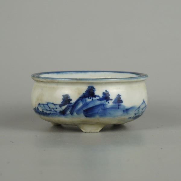 中古盆栽鉢 光峰 小鉢 長辺 約 8.3cm 丸鉢 染付 山水図 鑑賞 観賞用  中古鉢 m1203121649