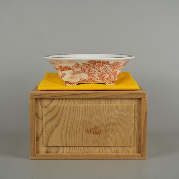 盆栽鉢 は二わ オリジナル鉢 小型 長辺 約 15.5cm 丸鉢 赤絵 山水図 花 模様 箱 布付 鑑賞 観賞用  新品 1203118823